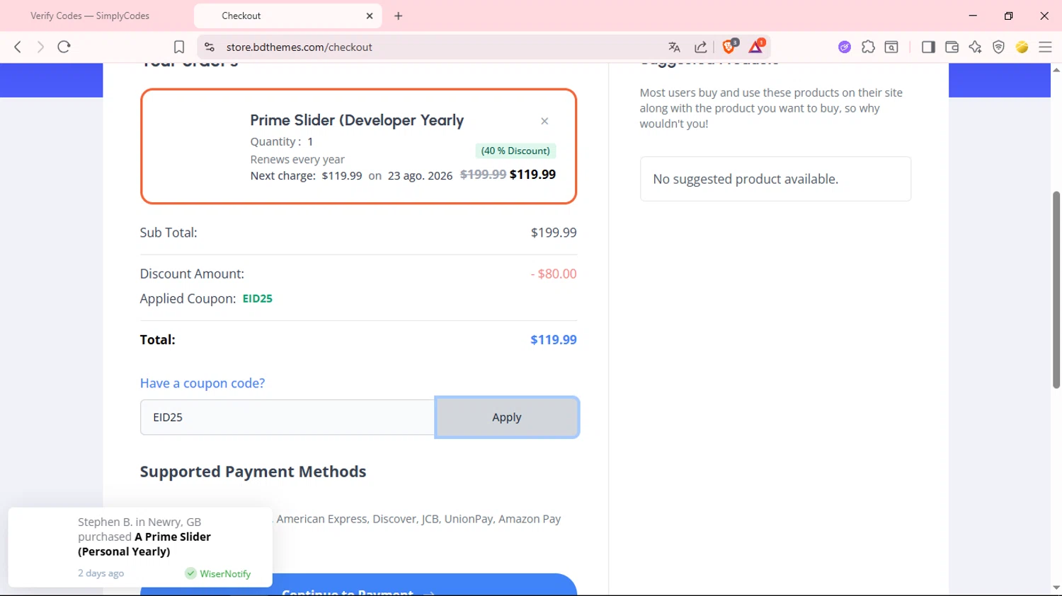 BdThemes promo code screenshot showing code EID25 applied at BdThemes checkout page. Uploaded by SimplyCodes community member GloriousSage2502 on Aug 23, 2025