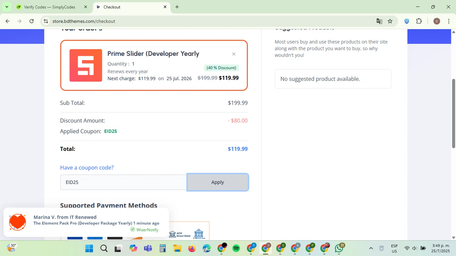 BdThemes promo code screenshot showing code EID25 applied at BdThemes checkout page. Uploaded by SimplyCodes community member NobleExpert6497 on Jul 25, 2025