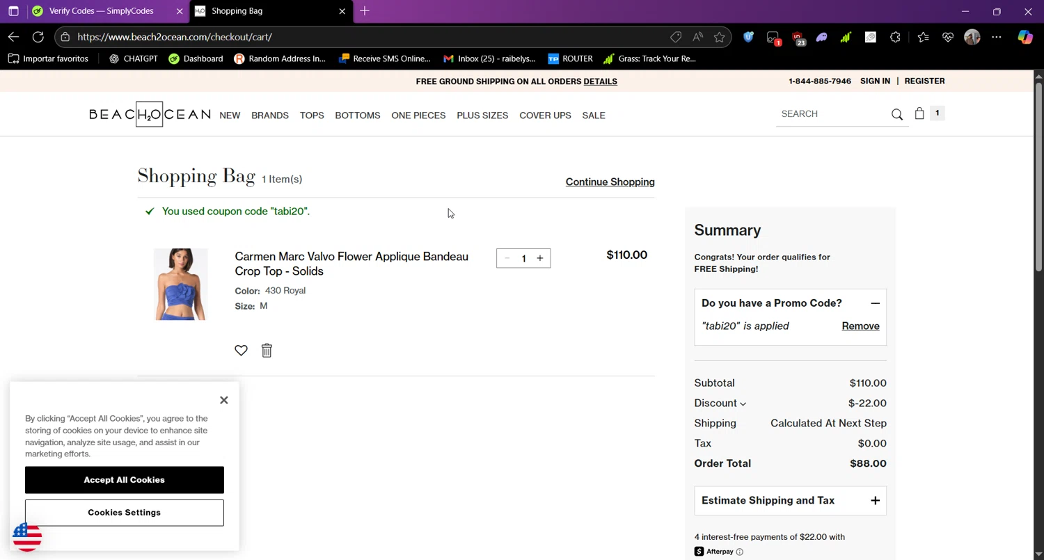Beach2Ocean promo code screenshot showing code tabi20 applied at Beach2Ocean checkout page. Uploaded by SimplyCodes community member Raibelys_18 on Aug 5, 2025