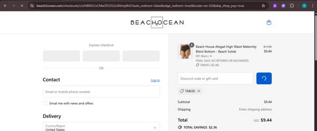 Beach2Ocean checkout page showing Beach2Ocean promo code box | Screenshot taken by SimplyCodes community member on Aug 25, 2025