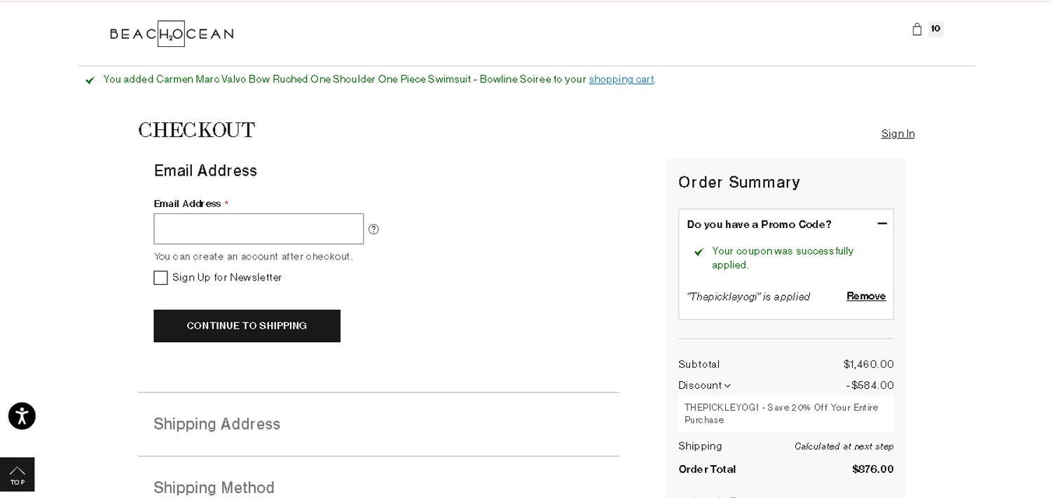 Beach2Ocean promo code screenshot showing code Thepickleyogi applied at Beach2Ocean checkout page. Uploaded by SimplyCodes community member CashAce9852 on Aug 11, 2025