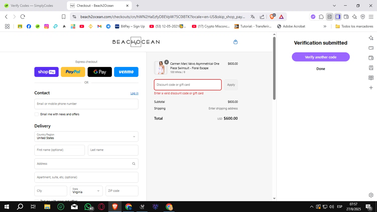 Beach2Ocean promo code screenshot showing code B2OELM6ABD15 applied at Beach2Ocean checkout page. Uploaded by SimplyCodes community member Sungjinwoo on Aug 27, 2025