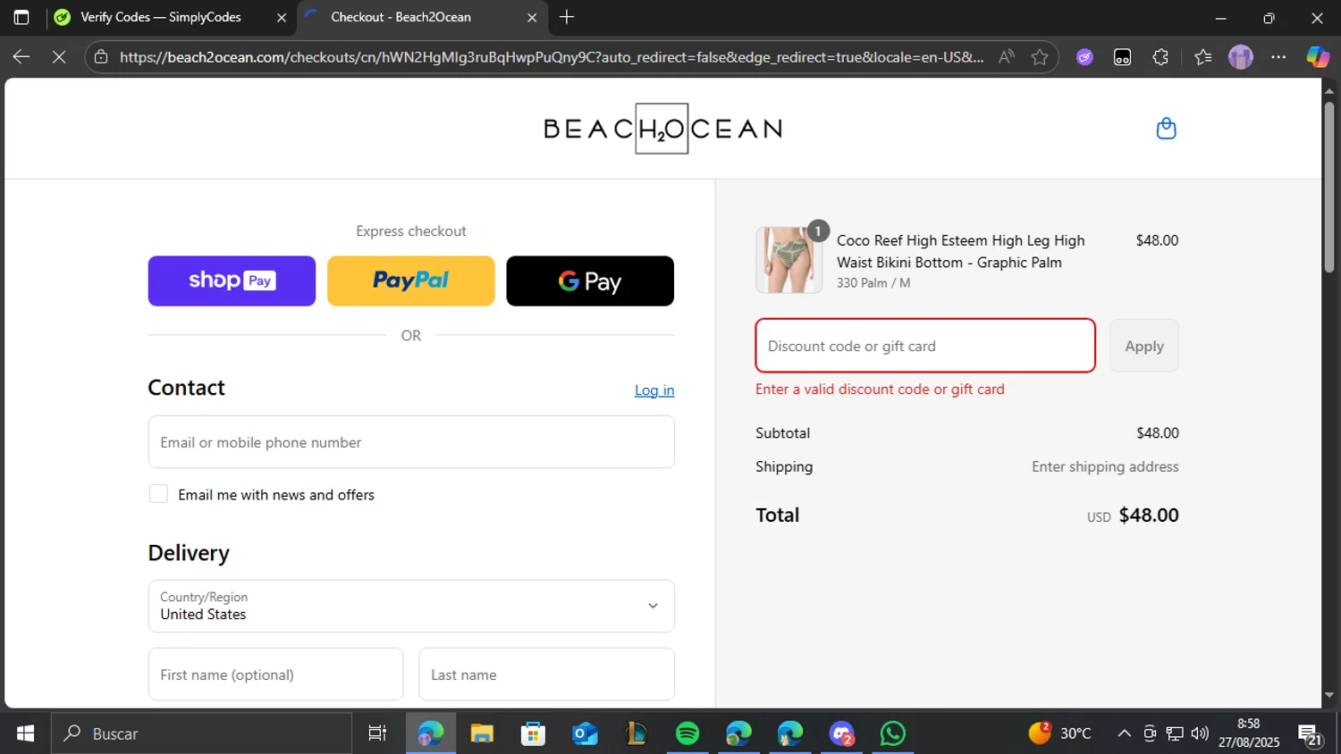 Beach2Ocean promo code screenshot showing code B2OELM6ABD15 applied at Beach2Ocean checkout page. Uploaded by SimplyCodes community member THEBANANA on Aug 27, 2025