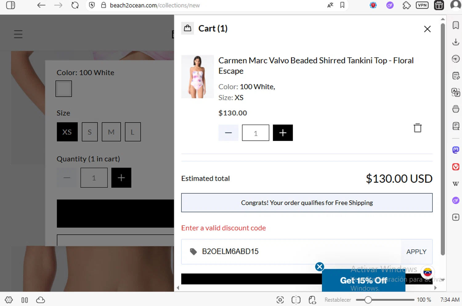 Beach2Ocean promo code screenshot showing code B2OELM6ABD15 applied at Beach2Ocean checkout page. Uploaded by SimplyCodes community member luissilva2 on Aug 27, 2025