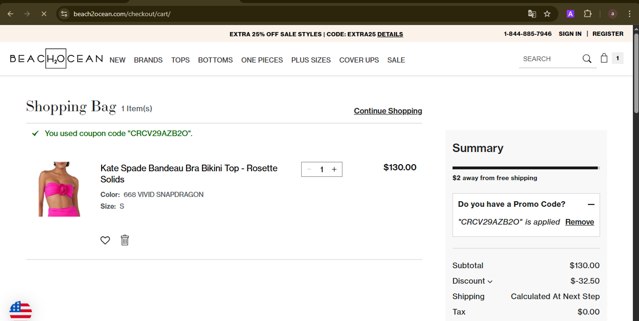 Beach2Ocean checkout page showing Beach2Ocean promo code box | Screenshot taken by SimplyCodes community member on Aug 17, 2025