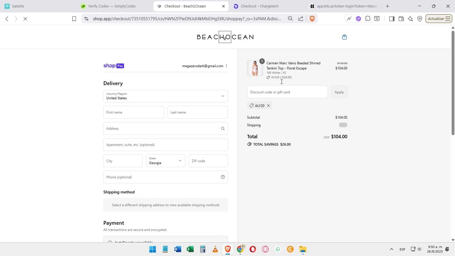 Beach2Ocean promo code screenshot showing code ALY20 applied at Beach2Ocean checkout page. Uploaded by SimplyCodes community member Darkosukaru on Aug 26, 2025