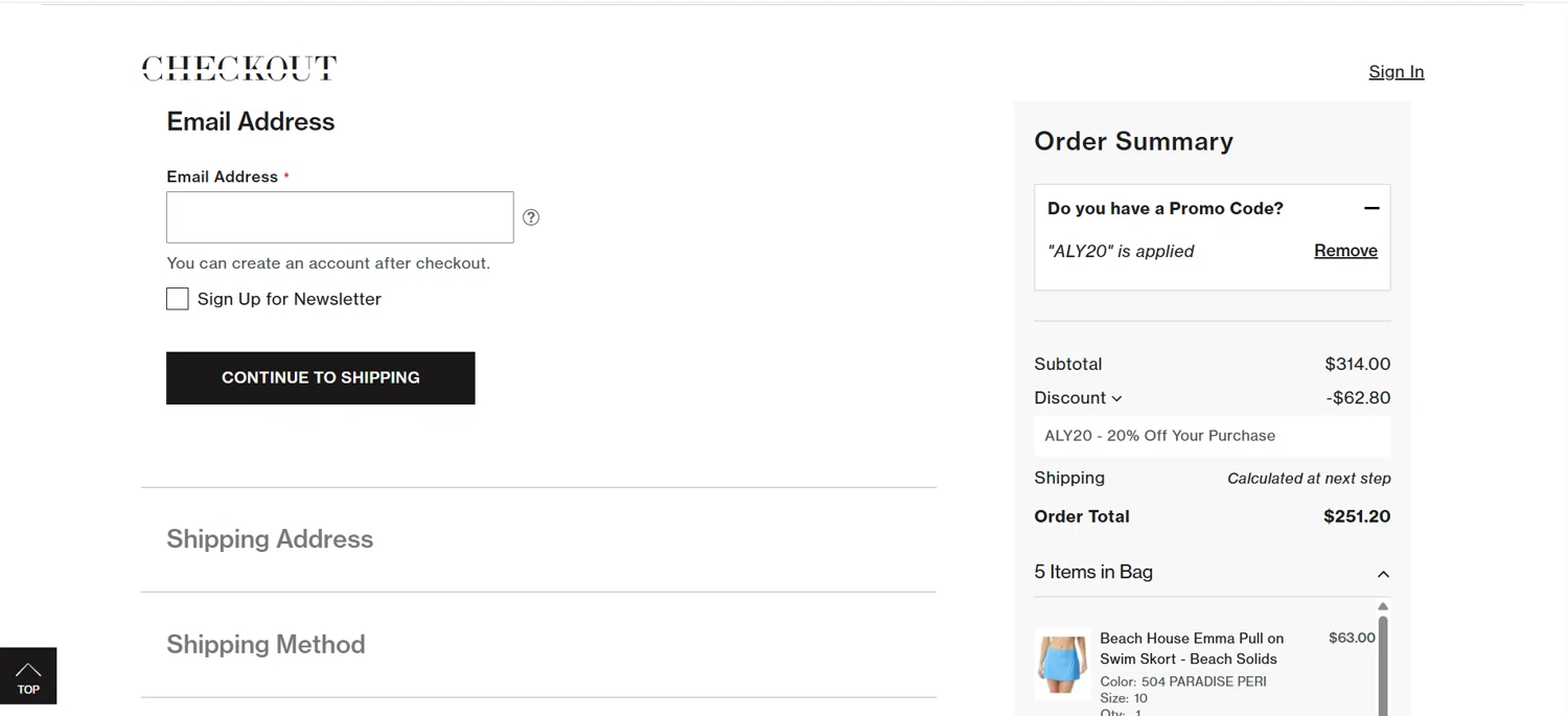 Beach2Ocean promo code screenshot showing code ALY20 applied at Beach2Ocean checkout page. Uploaded by SimplyCodes community member HoneyJean on Jul 22, 2025