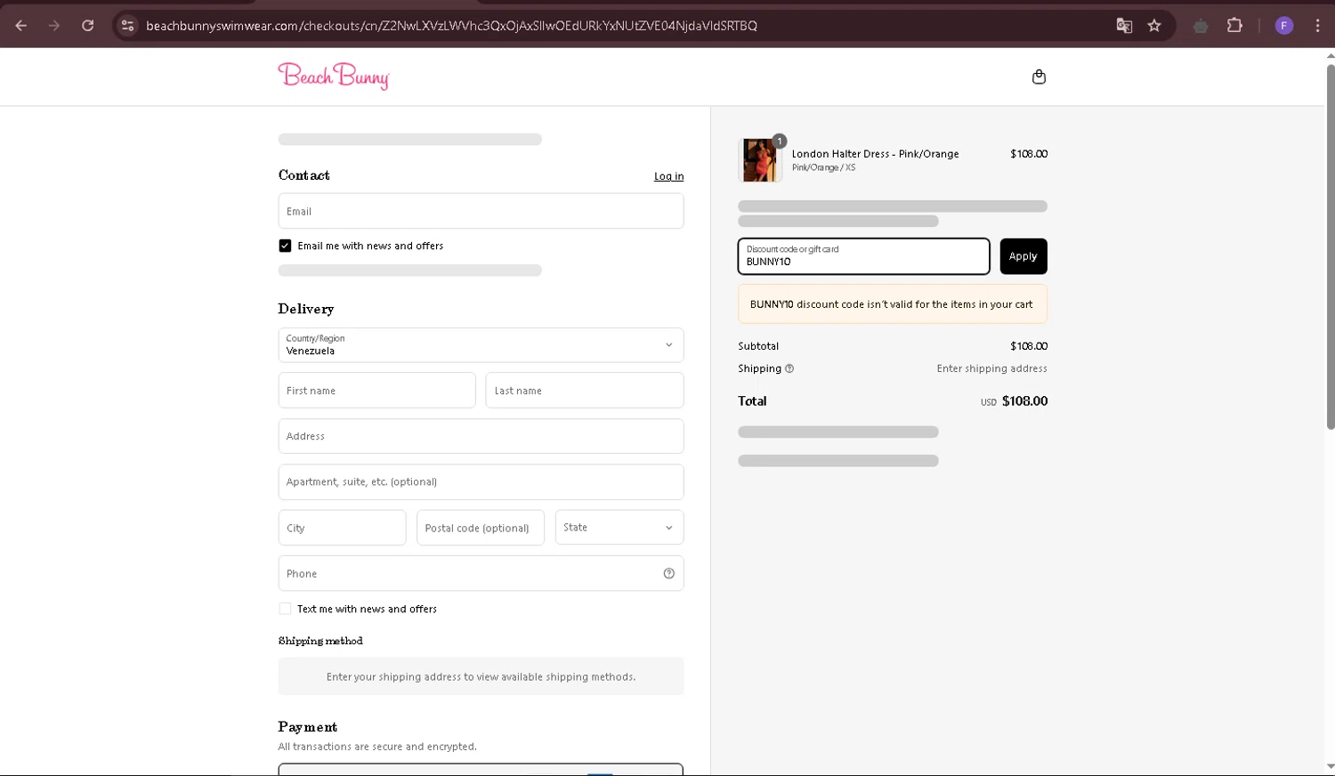Beach Bunny discount code screenshot showing code BUNNY10 applied at Beach Bunny checkout page. Uploaded by SimplyCodes community member Richard2 on Apr 4, 2025