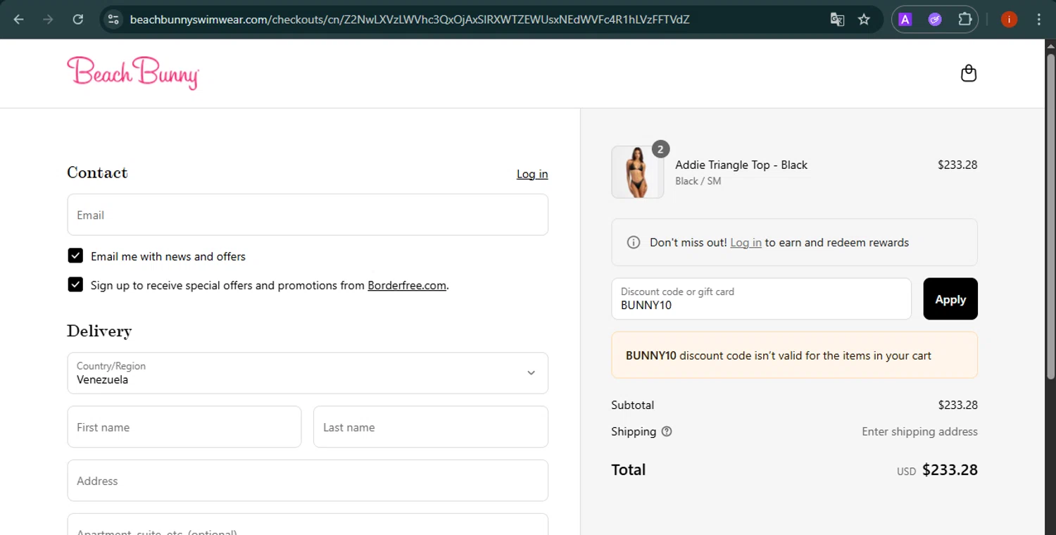 Beach Bunny discount code screenshot showing code BUNNY10 applied at Beach Bunny checkout page. Uploaded by SimplyCodes community member SmartMaestro6853 on May 10, 2025