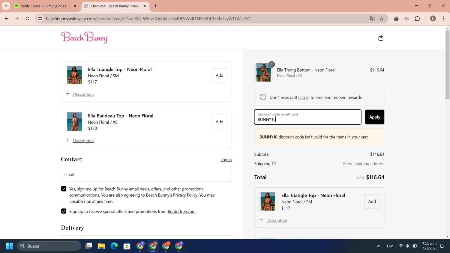 Beach Bunny discount code screenshot showing code BUNNY10 applied at Beach Bunny checkout page. Uploaded by SimplyCodes community member DiscountCaptain9530 on Mar 1, 2025