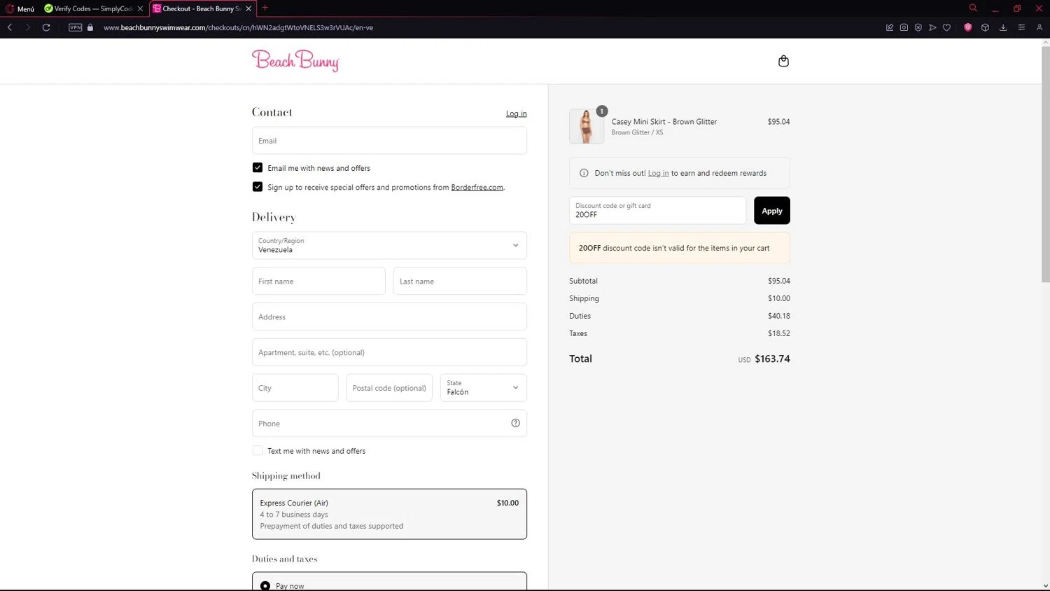 Beach Bunny discount code screenshot showing code 20OFF applied at Beach Bunny checkout page. Uploaded by SimplyCodes community member LegendarySeeker3956 on Sep 4, 2025