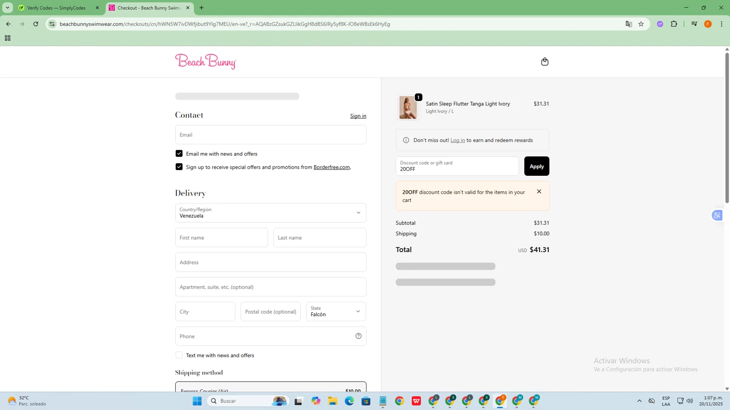Beach Bunny discount code screenshot showing code 20OFF applied at Beach Bunny checkout page. Uploaded by SimplyCodes community member SavvyCollector9528 on Nov 20, 2025