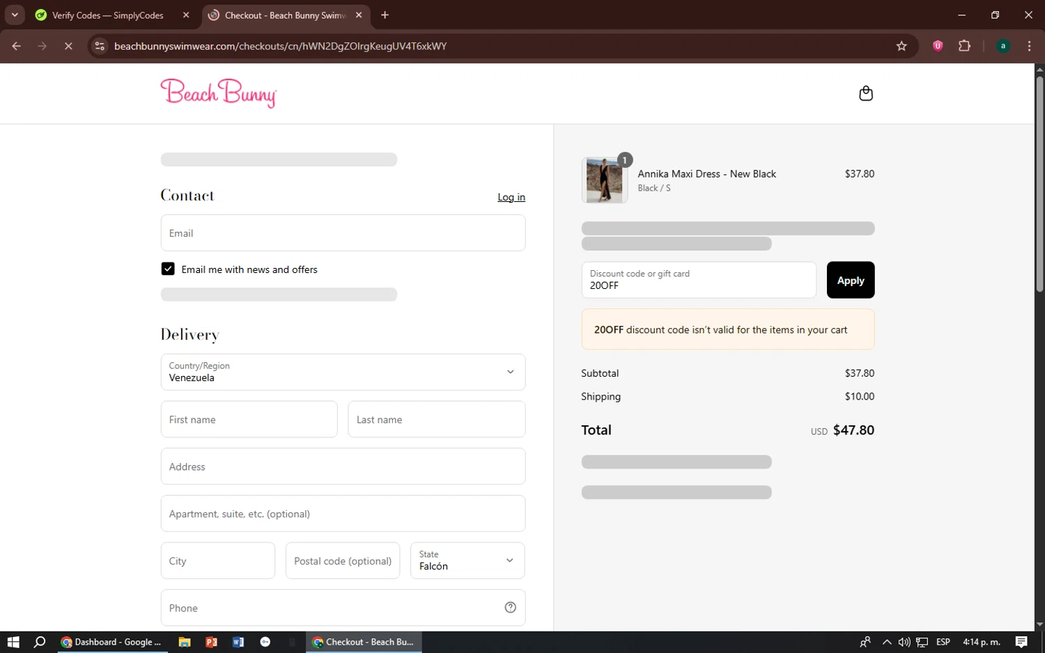 Beach Bunny discount code screenshot showing code 20OFF applied at Beach Bunny checkout page. Uploaded by SimplyCodes community member zizu55 on Aug 25, 2025