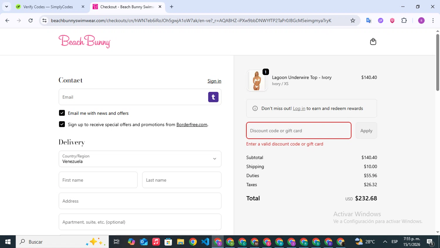 Beach Bunny discount code screenshot showing code BUNNY applied at Beach Bunny checkout page. Uploaded by SimplyCodes community member WonderPioneer5062 on Jan 15, 2026