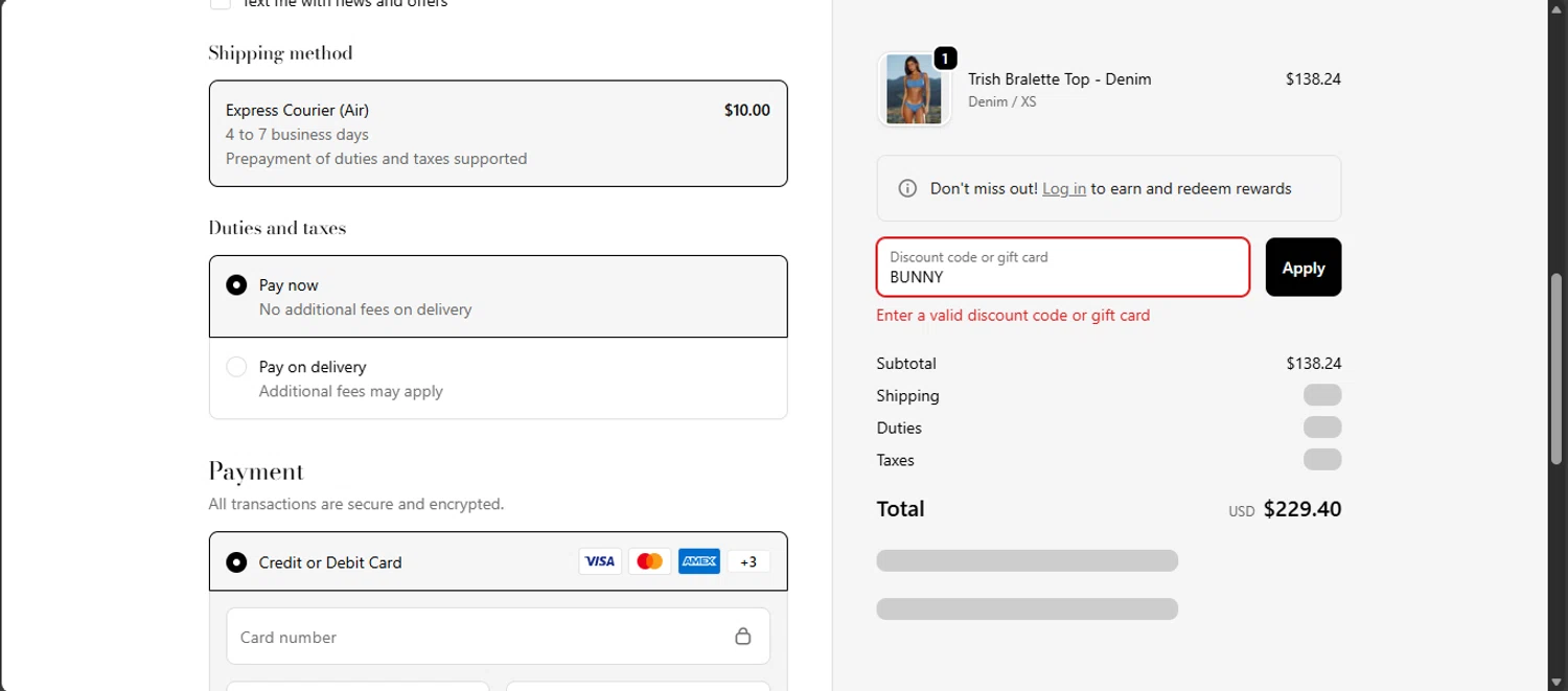 Beach Bunny discount code screenshot showing code BUNNY applied at Beach Bunny checkout page. Uploaded by SimplyCodes community member obert0264_b14f on Feb 14, 2026