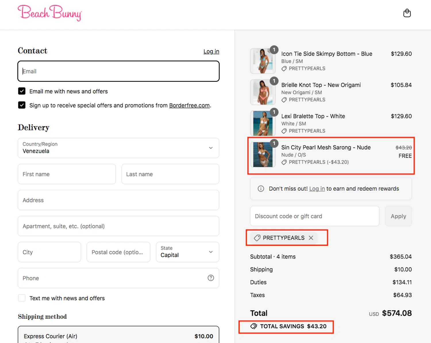 Beach Bunny discount code screenshot showing code PRETTYPEARLS applied at Beach Bunny checkout page. Uploaded by SimplyCodes community member aguedadelgiudice on Aug 14, 2025