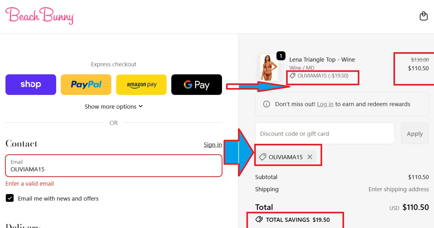 Beach Bunny discount code screenshot showing code OLIVIAMA15 applied at Beach Bunny checkout page. Uploaded by SimplyCodes community member kattylar on Dec 16, 2025