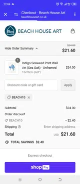 BEACH10 coupon verification screenshot