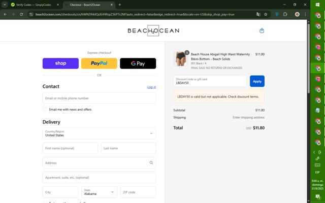 Beach House Swimwear checkout page showing Beach House Swimwear coupon code box | Screenshot taken by SimplyCodes community member on Aug 31, 2025