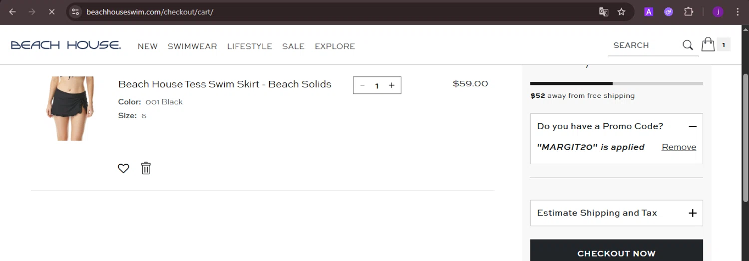 Beach House Swimwear coupon code screenshot showing code MARGIT20 applied at Beach House Swimwear checkout page. Uploaded by SimplyCodes community member CoinMaverick1452 on Jul 23, 2025