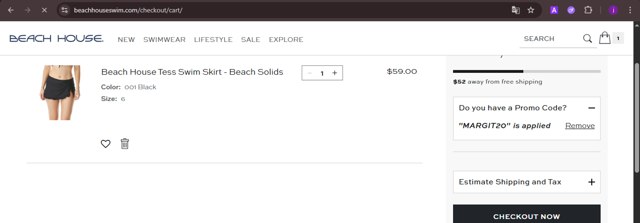 Beach House Swimwear checkout page showing Beach House Swimwear coupon code box | Screenshot taken by SimplyCodes community member on Jul 23, 2025