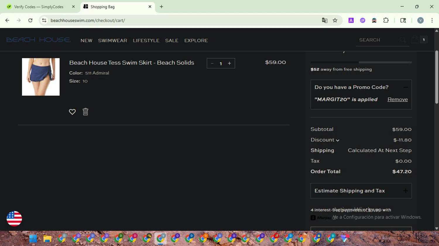 Beach House Swimwear coupon code screenshot showing code MARGIT20 applied at Beach House Swimwear checkout page. Uploaded by SimplyCodes community member SwiftScout1619 on Aug 13, 2025