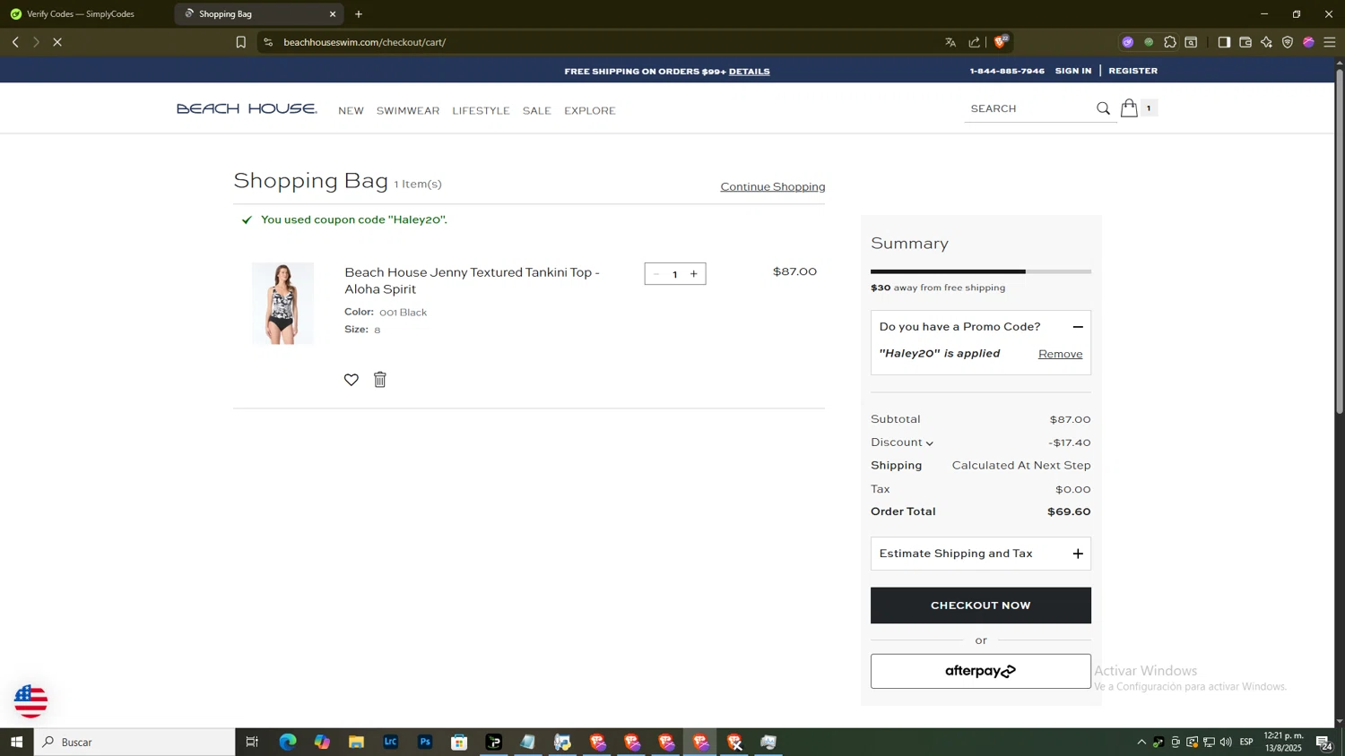 Beach House Swimwear coupon code screenshot showing code Haley20 applied at Beach House Swimwear checkout page. Uploaded by SimplyCodes community member DiscountExpert556 on Aug 13, 2025