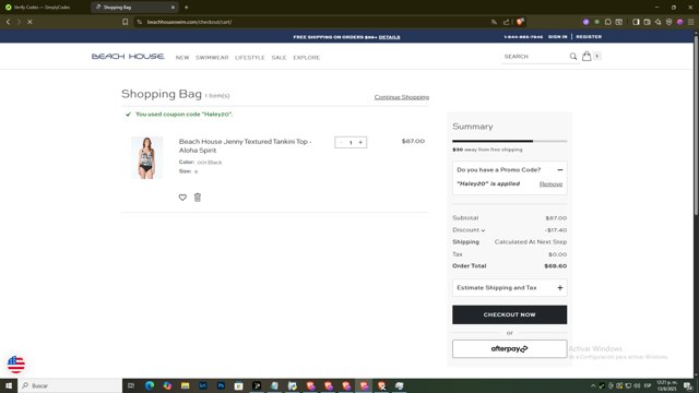 Beach House Swimwear checkout page showing Beach House Swimwear coupon code box | Screenshot taken by SimplyCodes community member on Aug 13, 2025
