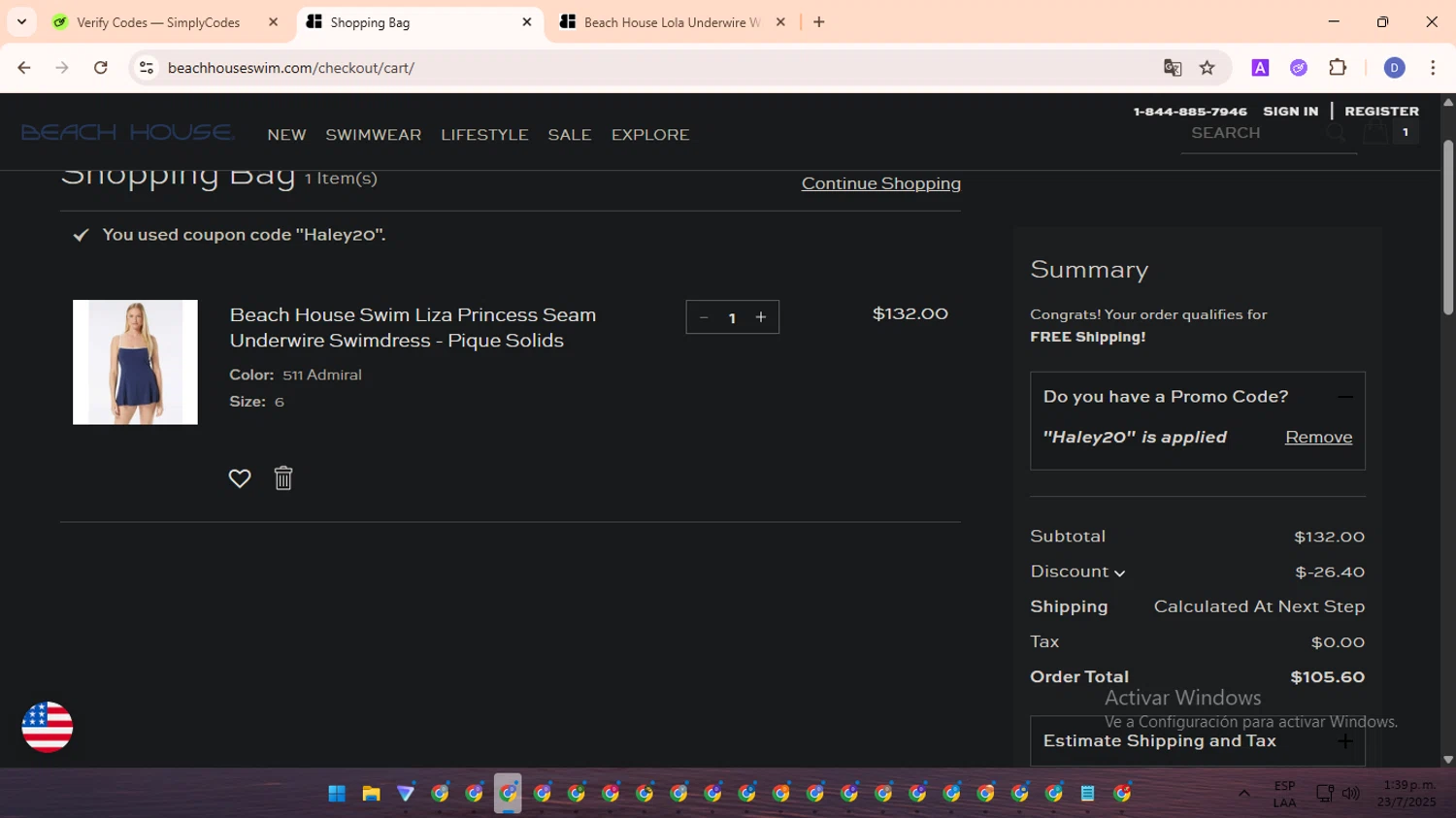 Beach House Swimwear coupon code screenshot showing code Haley20 applied at Beach House Swimwear checkout page. Uploaded by SimplyCodes community member RewardOwl5959 on Jul 23, 2025