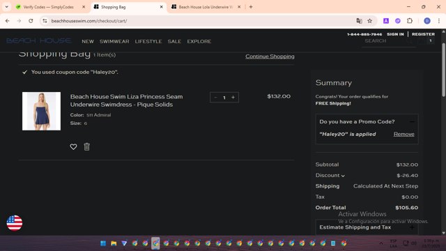 Beach House Swimwear checkout page showing Beach House Swimwear coupon code box | Screenshot taken by SimplyCodes community member on Jul 23, 2025