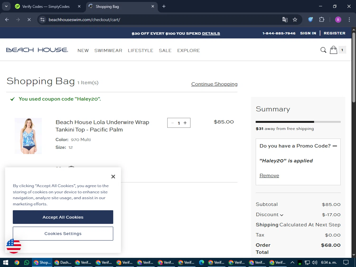 Beach House Swimwear coupon code screenshot showing code Haley20 applied at Beach House Swimwear checkout page. Uploaded by SimplyCodes community member travisscott on Jun 13, 2025