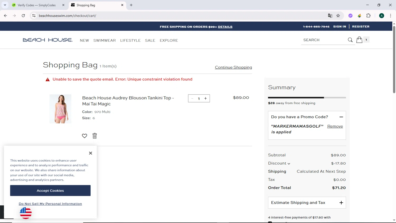 Beach House Swimwear coupon code screenshot showing code MARKERMAMASGOLF applied at Beach House Swimwear checkout page. Uploaded by SimplyCodes community member DiscountCurator2907 on Jul 20, 2025
