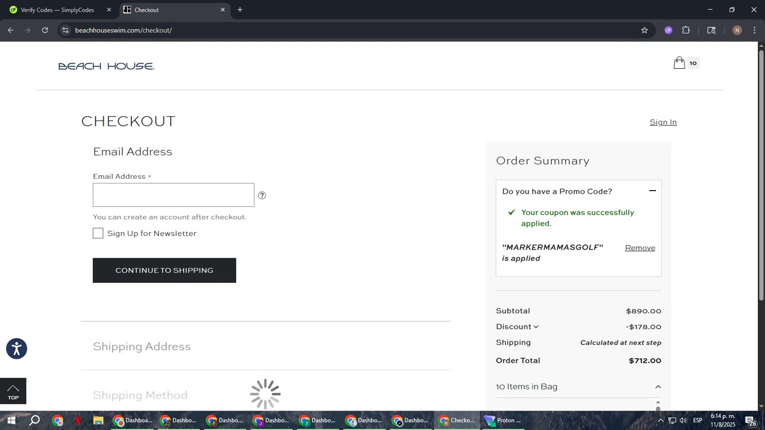 Beach House Swimwear coupon code screenshot showing code MARKERMAMASGOLF applied at Beach House Swimwear checkout page. Uploaded by SimplyCodes community member DiscountPioneer2554 on Aug 11, 2025