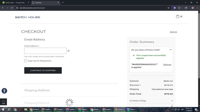 Beach House Swimwear checkout page showing Beach House Swimwear coupon code box | Screenshot taken by SimplyCodes community member on Aug 11, 2025