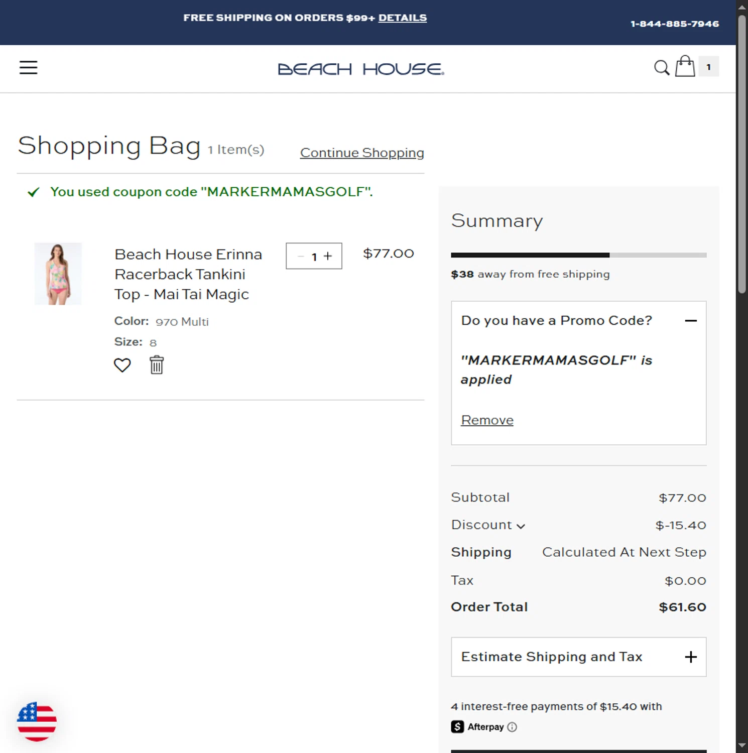 Beach House Swimwear coupon code screenshot showing code MARKERMAMASGOLF applied at Beach House Swimwear checkout page. Uploaded by SimplyCodes community member Leannysv7lla on Jul 31, 2025