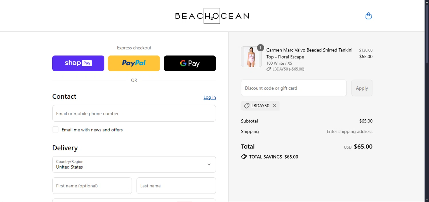 Beach House Swimwear coupon code screenshot showing code LBDAY50 applied at Beach House Swimwear checkout page. Uploaded by SimplyCodes community member ArgoByte on Aug 20, 2025