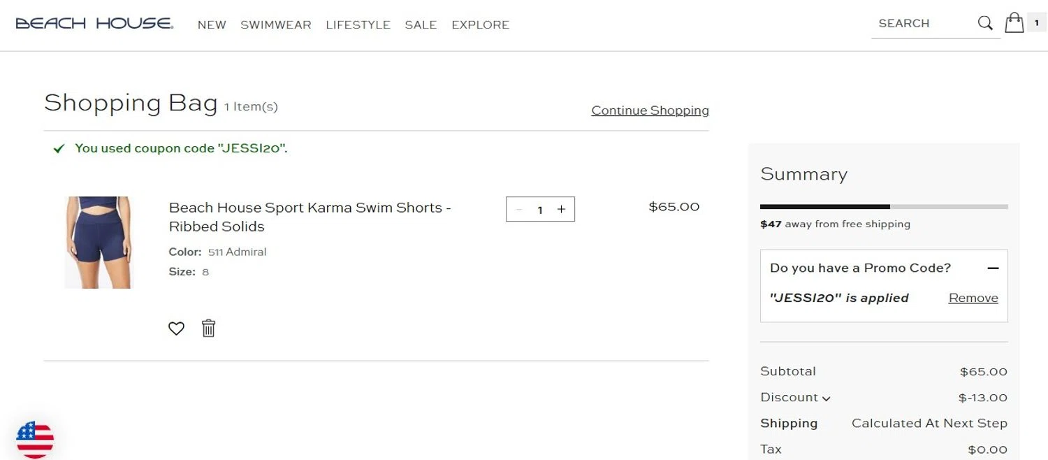 Beach House Swimwear coupon code screenshot showing code JESSI20 applied at Beach House Swimwear checkout page. Uploaded by SimplyCodes community member angelfigueroa2008 on Aug 19, 2025