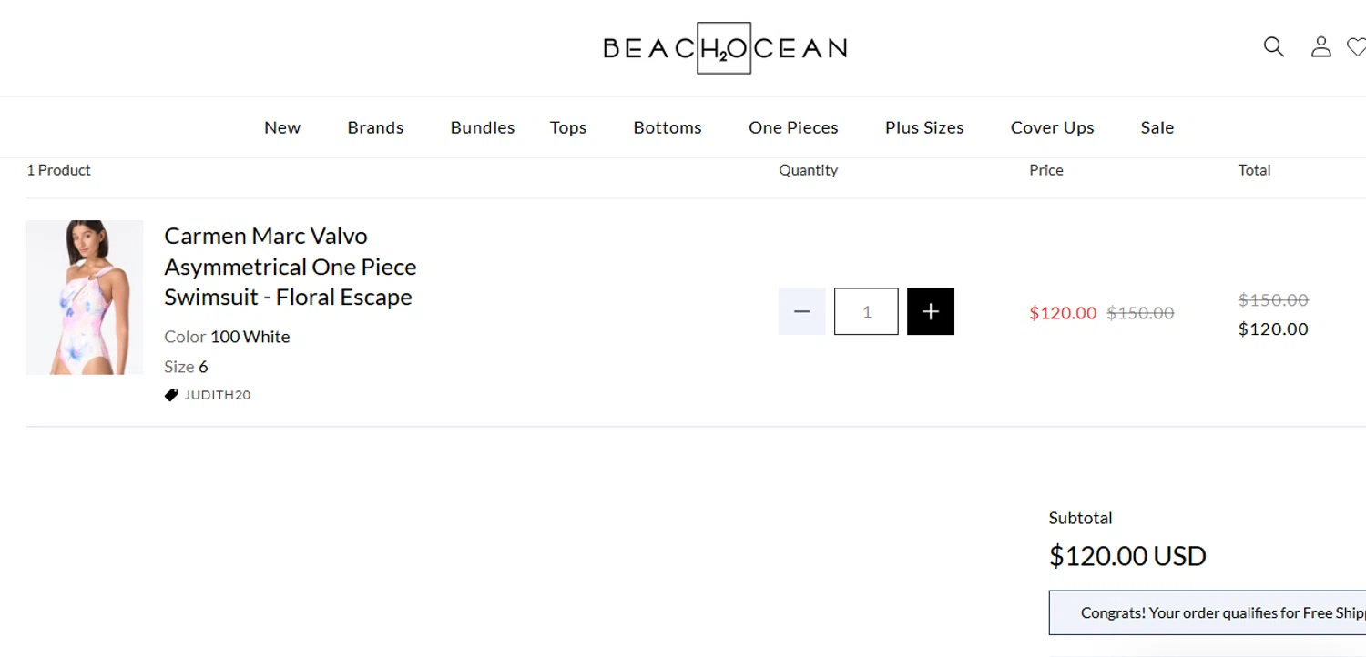 Beach House Swimwear coupon code screenshot showing code judith20 applied at Beach House Swimwear checkout page. Uploaded by SimplyCodes community member shark12 on Aug 25, 2025