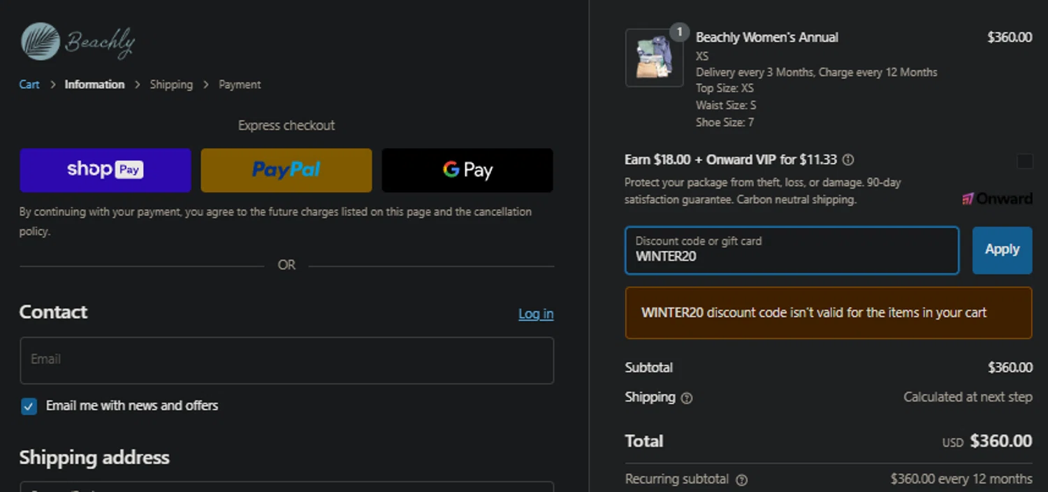 Beachly promo code screenshot showing code WINTER20 applied at Beachly checkout page. Uploaded by SimplyCodes community member idkxxx on Feb 21, 2025
