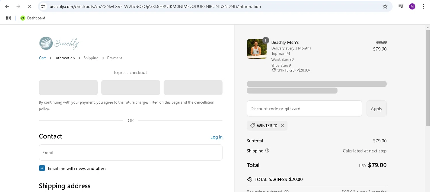 Beachly promo code screenshot showing code WINTER20 applied at Beachly checkout page. Uploaded by SimplyCodes community member monicacaraballo on Mar 4, 2025