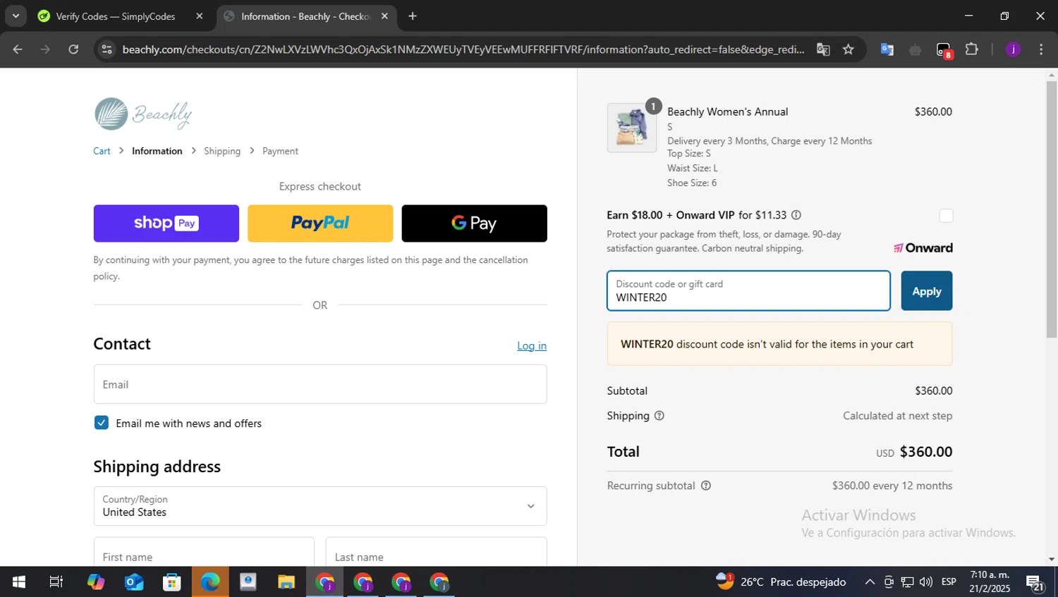 Beachly promo code screenshot showing code WINTER20 applied at Beachly checkout page. Uploaded by SimplyCodes community member perry1 on Feb 21, 2025