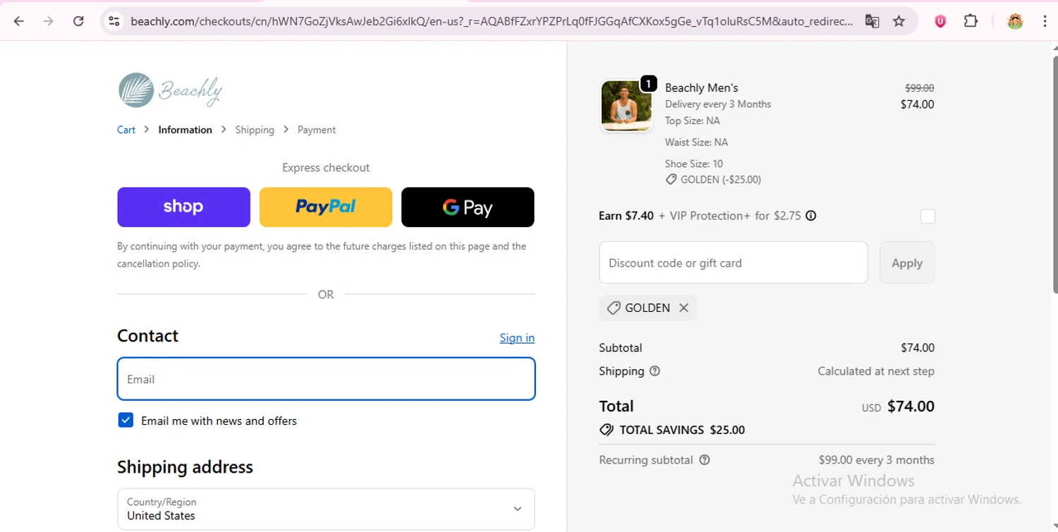 Beachly promo code screenshot showing code golden applied at Beachly checkout page. Uploaded by SimplyCodes community member laurachirinos on Jan 5, 2026