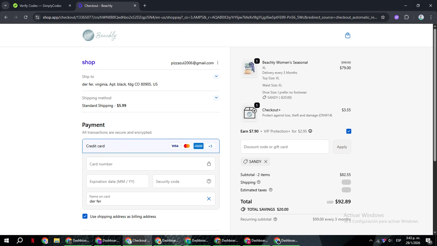 Beachly promo code screenshot showing code SANDY applied at Beachly checkout page. Uploaded by SimplyCodes community member ShrewdSeeker6165 on Jan 29, 2026