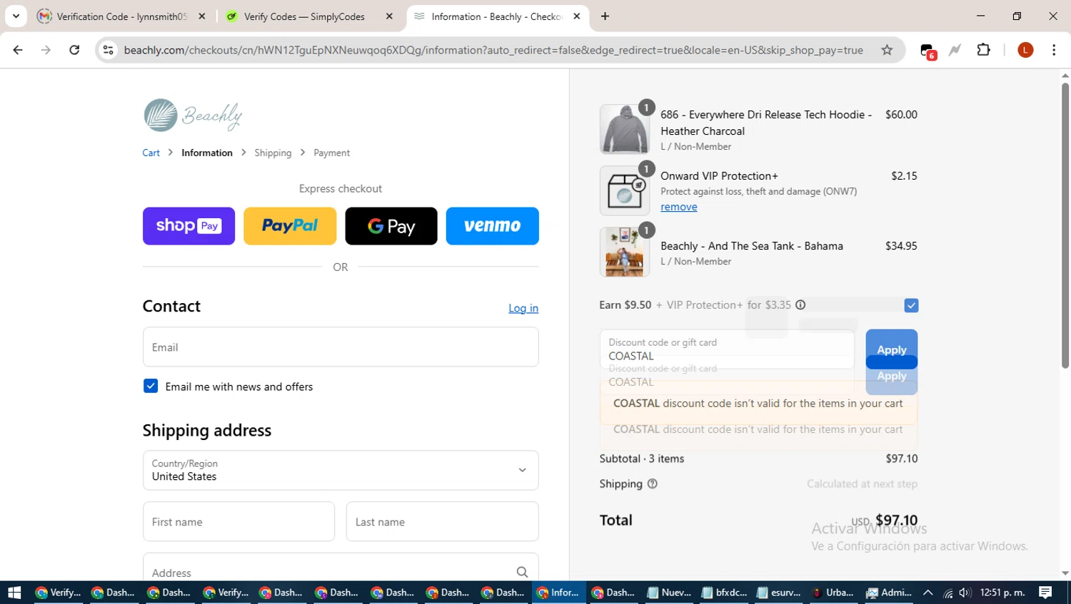 Beachly promo code screenshot showing code COASTAL applied at Beachly checkout page. Uploaded by SimplyCodes community member BonusHero9692 on Aug 20, 2025