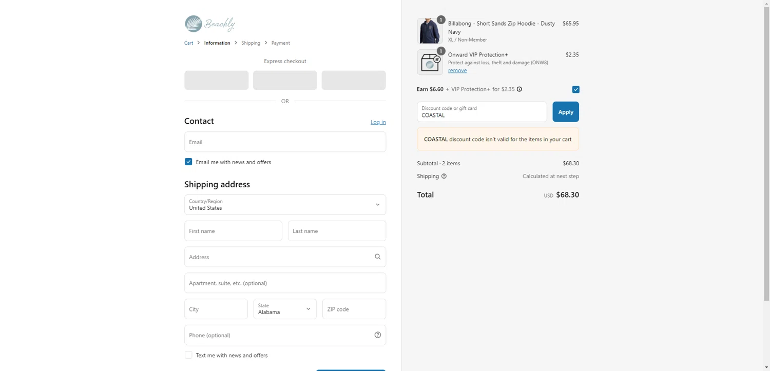Beachly promo code screenshot showing code COASTAL applied at Beachly checkout page. Uploaded by SimplyCodes community member DiscountWarden480 on Jul 3, 2025