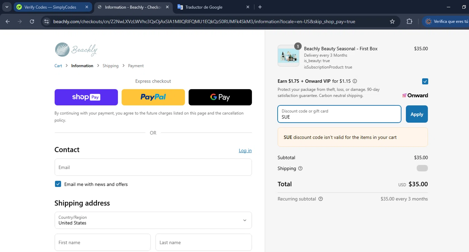 Beachly promo code screenshot showing code SUE applied at Beachly checkout page. Uploaded by SimplyCodes community member TheWizard on Mar 12, 2025