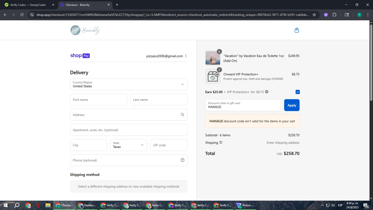 Beachly promo code screenshot showing code HANALEI applied at Beachly checkout page. Uploaded by SimplyCodes community member FrugalCaptain6906 on Aug 25, 2025
