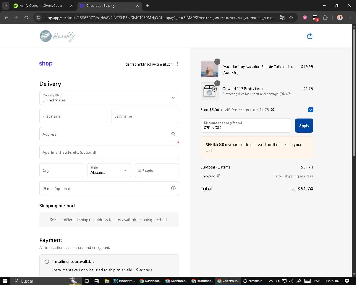 Beachly promo code screenshot showing code SPRING30 applied at Beachly checkout page. Uploaded by SimplyCodes community member MoneyPilot9165 on Aug 29, 2025