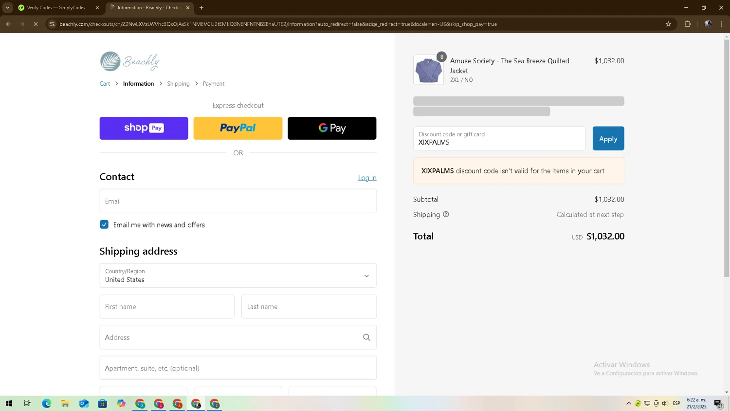 Beachly promo code screenshot showing code XIXPALMS applied at Beachly checkout page. Uploaded by SimplyCodes community member zadquiel on Feb 21, 2025