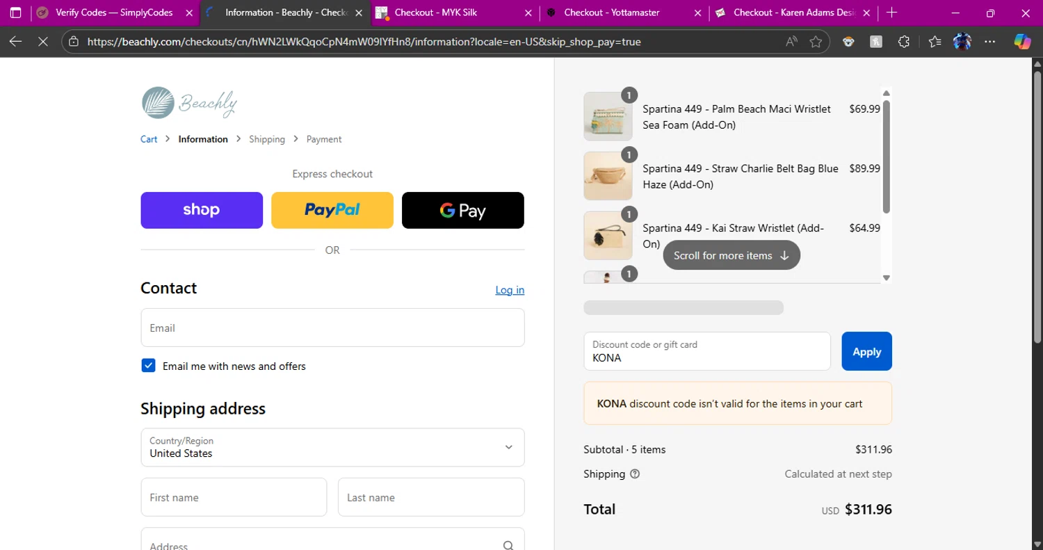 Beachly promo code screenshot showing code KONA applied at Beachly checkout page. Uploaded by SimplyCodes community member Alichi04 on Aug 29, 2025